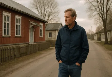 En medelålders man går längs en landsväg i en lugn by. Omgivningen präglas av traditionella träbyggnader och en avkopplande atmosfär. Perfekt för dem som söker ro och enkelhet. Midcent - Samhälle.