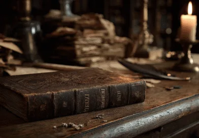 Midcent: Bilden visar ett antikt skrivbord med ett gammalt läderinbundet manuskript omgiven av skrynkliga papper och ett tänt stearinljus. Den atmosfäriska scenen förmedlar historiens mysterium och förgången tid. Kategori: Kultur.