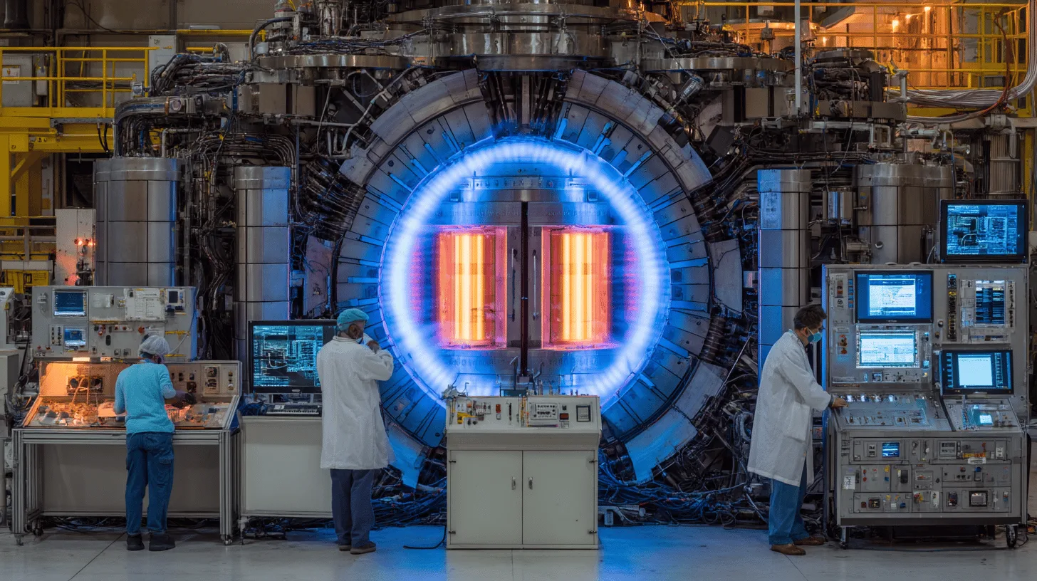 Midcent: En stor anläggning med avancerad teknisk utrustning för forskning inom energi, bemannad av ingenjörer i vita rockar. Ljus och dataskärmar dominerar scenen. Kategori: Teknik.