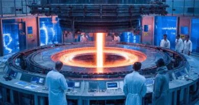 Midcent: En avancerad forskningsanläggning med tekniker i vita rockar som övervakar en futuristisk plasmareaktor. Högteknologiska instrument och intensivt ljus markerar en banbrytande teknikmiljö. Kategori: Teknik.