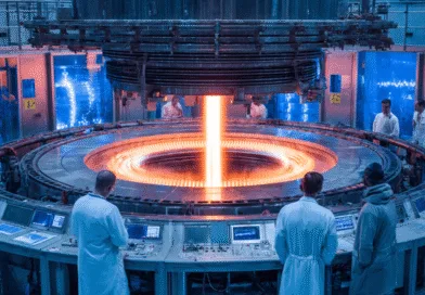 Midcent: En avancerad forskningsanläggning med tekniker i vita rockar som övervakar en futuristisk plasmareaktor. Högteknologiska instrument och intensivt ljus markerar en banbrytande teknikmiljö. Kategori: Teknik.