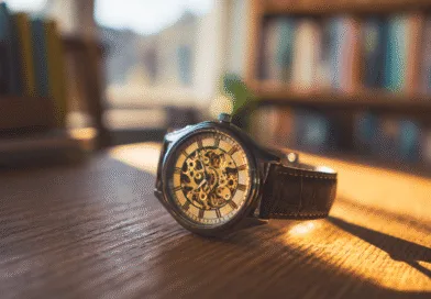 Midcent: Vintage klocka med synligt urverk på träbord, upplyst av solstrålar. Elegant design och traditionellt hantverk framhävs i en varm och inbjudande miljö. Perfekt för den stilmedvetne. Kategori: Underhållning.