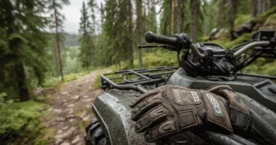 Midcent: En robust fyrhjuling står redo för äventyr på en lerig skogsstig, omgiven av tät granskog. Förberedelse för utomhusexpedition med hållbara handskar i fokus. Perfekt för off-road entusiaster. Kategori: Resa.