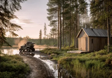 Midcent Natur: En naturskön vy vid en fridfull sjö i skogen, med en fyrhjuling parkerad nära en timrad stuga som andas äventyr och avkoppling. Perfekt för friluftsentusiaster och äventyrare som söker lugn.