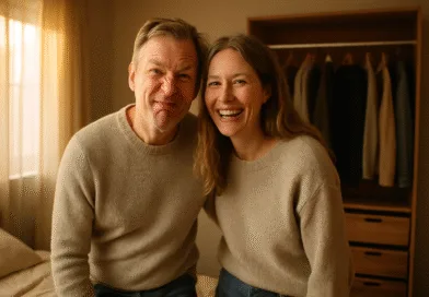 En medelålders man och en kvinna iklädda matchande tröjor ler tillsammans i ett sovrum, med mjukt ljus från ett fönster. Den hemtrevliga stämningen speglar värme och intimitet. Midcent: Samhälle.