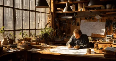 Midcent: En medelålders man arbetar fokuserat i ett ljust och kreativt verkstadsmiljö med ritningar och verktyg, vilket ger en känsla av hantverk och innovation. Perfekt för inspiration inom design och skapande. Kategori: Teknik.