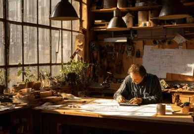 Midcent: En medelålders man arbetar fokuserat i ett ljust och kreativt verkstadsmiljö med ritningar och verktyg, vilket ger en känsla av hantverk och innovation. Perfekt för inspiration inom design och skapande. Kategori: Teknik.