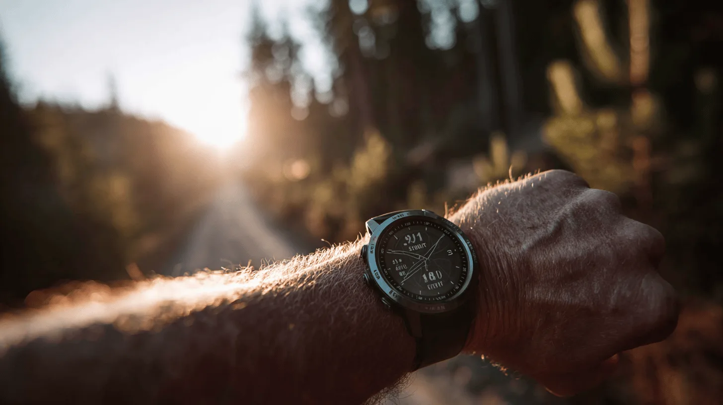 Midcent: En medelålders man bär en modern smartwatch under en promenad i naturen, solnedgång i bakgrunden. Klockan visar tid och puls, vilket framhäver teknologiens roll i friluftsliv. Teknik.