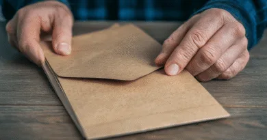 Midcent: En medelålders man öppnar ett brunt kuvert på ett bord, vilket ger en känsla av förväntan och nyheter. Perfekt för kontext inom personliga brev eller pappersarbete. Kategori: Samhälle.