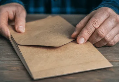 Midcent: En medelålders man öppnar ett brunt kuvert på ett bord, vilket ger en känsla av förväntan och nyheter. Perfekt för kontext inom personliga brev eller pappersarbete. Kategori: Samhälle.