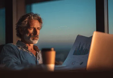 Midcent: En medelålders man analyserar ekonomiska data på sin laptop vid solnedgången, omgiven av arbetsmaterial. Ekonomi.