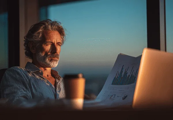 Midcent: En medelålders man analyserar ekonomiska data på sin laptop vid solnedgången, omgiven av arbetsmaterial. Ekonomi.