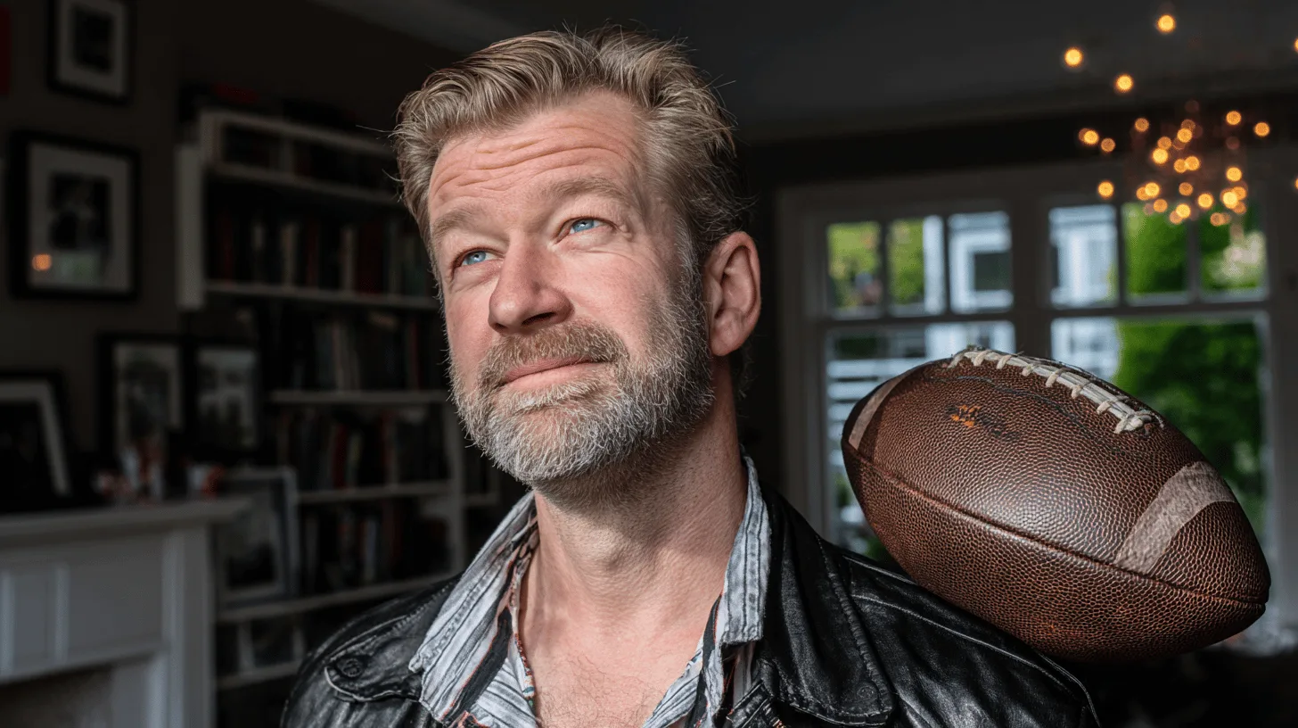 En medelålders man i läderjacka ser fundersam ut med en amerikansk fotboll på axeln i ett vardagsrum. Naturligt ljus från fönstren ger en hemtrevlig stämning.Midcent Sport.