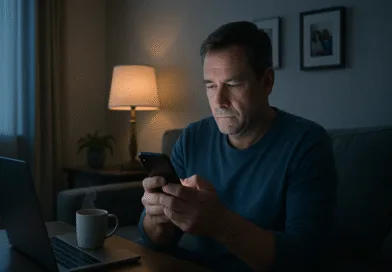 En medelålders man sitter hemma i kvällsbelysning, fokuserad på sin smartphone, med en laptop och kaffekopp bredvid sig på bordet. Bilden förmedlar en atmosfär av digitalt arbete eller kommunikation. Midcent. Kategori: Teknik.