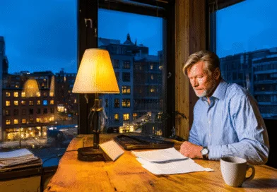 Midcent: En medelålders man sitter vid ett skrivbord i ett kontor under kvällen, omgiven av dokument och en kopp kaffe. Stadsvy genom fönstret. Atmosfär av fokus och arbete. Kategori: Ekonomi.