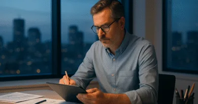 Midcent: En medelålders man fokuserar på digitalt arbete med en pekplatta i ett kontor med utsikt över stadens silhuett. Bilden förmedlar en produktiv och inspirerande arbetsmiljö. Teknik.