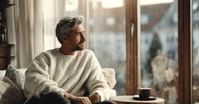 Midcent: En medelålders man sitter avslappnat i ett solbelyst rum, blickar ut genom fönstret. En kaffekopp står på ett bord bredvid. Harmonisk atmosfär och tid för eftertanke. Kategori: Samhälle.