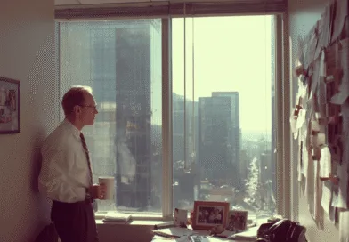 Midcent: En medelålders man står med en kaffekopp bredvid ett kontorsfönster i stadsmiljö, omgiven av papper och fotografier. Kategorin är Ekonomi.