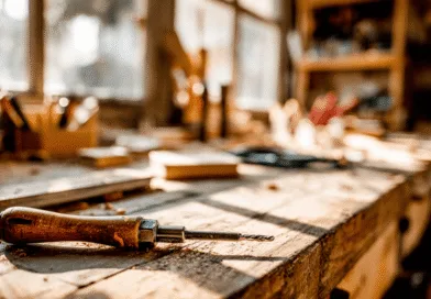 Midcent presenterar en atmosfärisk snickarverkstad med verktygslåda och träborr, badad i gyllene solljus. Perfekt för hantverkare och gör-det-själv-entusiaster som söker inspiration och kreativitet. Teknik.