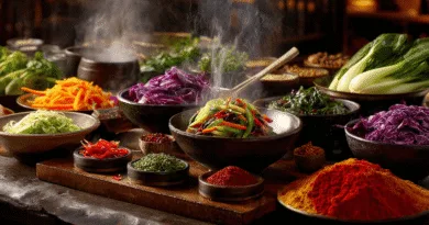 Midcent: Färgglada grönsaker och kryddor ordnade på ett rustikt bord skapar en lockande och smakrik matupplevelse. Ångande rätter framhäver den rika mångfalden i köket, perfekt för alla matälskare. Kategori: Mat.