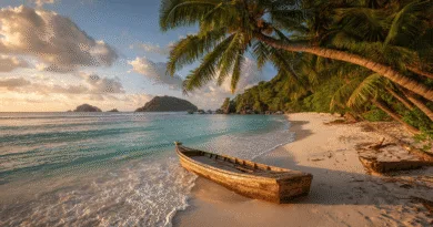 Midcent: En paradisbukt med vit sand, turkost hav och en ensam träbåt under solnedgången. Omgiven av palmer ger den en känsla av absolut lugn och äventyr. Perfekt för drömresan. Kategori: Resa.