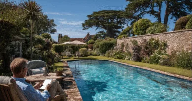 Midcent: En medelålders man kopplar av vid en elegant trädgårdspool, omgiven av grönska och blommor under en klarblå himmel. Perfekt miljö för avkoppling och njutning. Kategori: Resa.