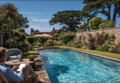 Midcent: En medelålders man kopplar av vid en elegant trädgårdspool, omgiven av grönska och blommor under en klarblå himmel. Perfekt miljö för avkoppling och njutning. Kategori: Resa.