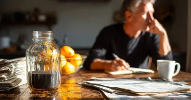 Midcent: En medelålders man sitter vid ett träbord med en kaffemugg, tidningar och anteckningsblock. I förgrunden finns en burk och en skål med apelsiner. Atmosfären är avkopplande och reflekterande. Kategori: Samhälle.