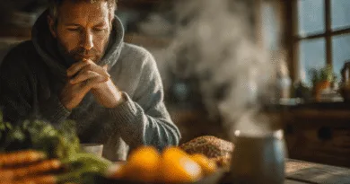 En medelålders man sitter vid köksbänken och reflekterar, omgiven av fräscha grönsaker i ett modernt hem. Midcent - Mat.