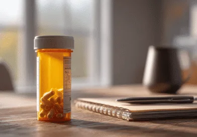 Midcent - En orange medicinflaska fylld med kapslar står på ett träbord bredvid en anteckningsbok och penna. Solens ljus skiner in genom ett fönster i bakgrunden, vilket skapar en rofylld atmosfär. Kategori: Hälsa.