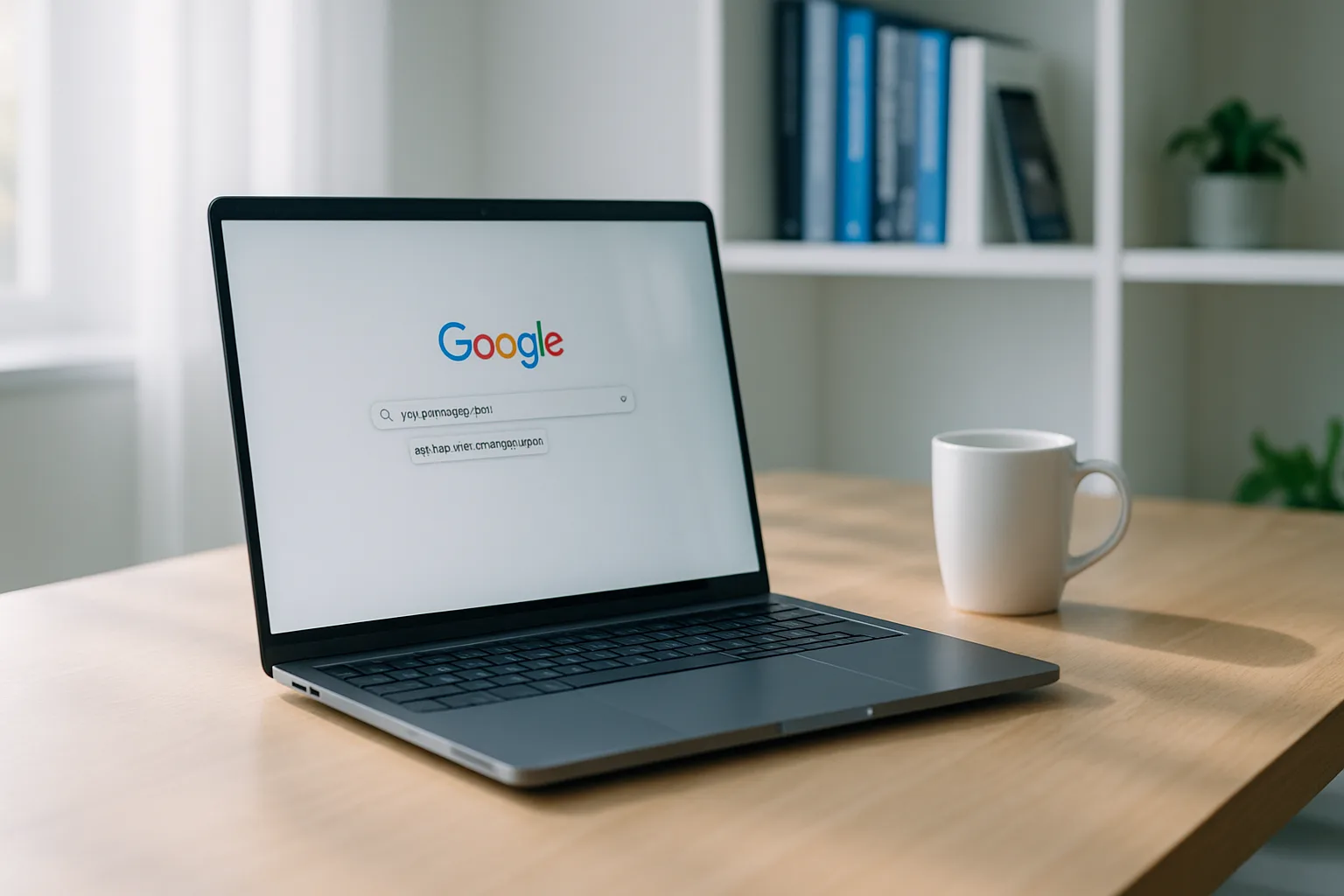 Midcent: En bärbar dator på ett skrivbord visar Googles söksida, flankerad av en vit kaffekopp. Perfekt för artiklar om digitalt arbete och teknologi. Kategori: Teknik.