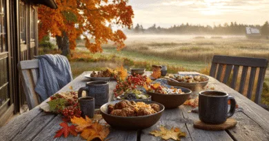 Midcent: En vacker utomhusmiddagsscen på en rustik träbordet, prydd med höstlöv och delikata rätter. Den pittoreska landsbygden i bakgrunden förstärker känslan av en fridfull och inbjudande höstfest. Kategori: Mat.