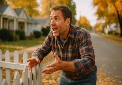 En medelålders man engagerat samtal med granne över staket i solig trädgård. Midcent, Samhälle.