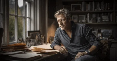 Midcent: En medelålders man i ett arbetsrum med böcker och papper, djupt försjunken i tankar, sitter vid skrivbordet med penna i hand. Det mjuka ljuset från fönstret skapar en kreativ atmosfär. Kategori: Samhälle.