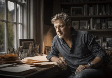 Midcent: En medelålders man i ett arbetsrum med böcker och papper, djupt försjunken i tankar, sitter vid skrivbordet med penna i hand. Det mjuka ljuset från fönstret skapar en kreativ atmosfär. Kategori: Samhälle.