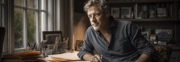 Midcent: En medelålders man i ett arbetsrum med böcker och papper, djupt försjunken i tankar, sitter vid skrivbordet med penna i hand. Det mjuka ljuset från fönstret skapar en kreativ atmosfär. Kategori: Samhälle.