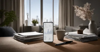 Midcent Ekonomi: En mobiltelefon visar grafer och statistik på ett skrivbord med papper, penna och kaffekopp i ett modernt kontorsmiljö. Skyskrapor syns genom fönstret, vilket förstärker en professionell atmosfär.