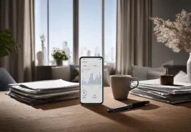 Midcent Ekonomi: En mobiltelefon visar grafer och statistik på ett skrivbord med papper, penna och kaffekopp i ett modernt kontorsmiljö. Skyskrapor syns genom fönstret, vilket förstärker en professionell atmosfär.