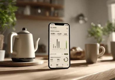 Midcent: En modern köksmiljö med en smartphone som visar statistik och data. Omringad av krukväxter och en kaffekanna skapar det en harmonisk atmosfär för hemmakontoret. Kategori: Teknik.