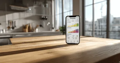 Midcent: En modern köksmiljö med en smartphone som visar energiförbrukningsdata, vilket understryker hållbarhet och digital innovation. Perfekt för den miljömedvetna konsumenten. Teknik.