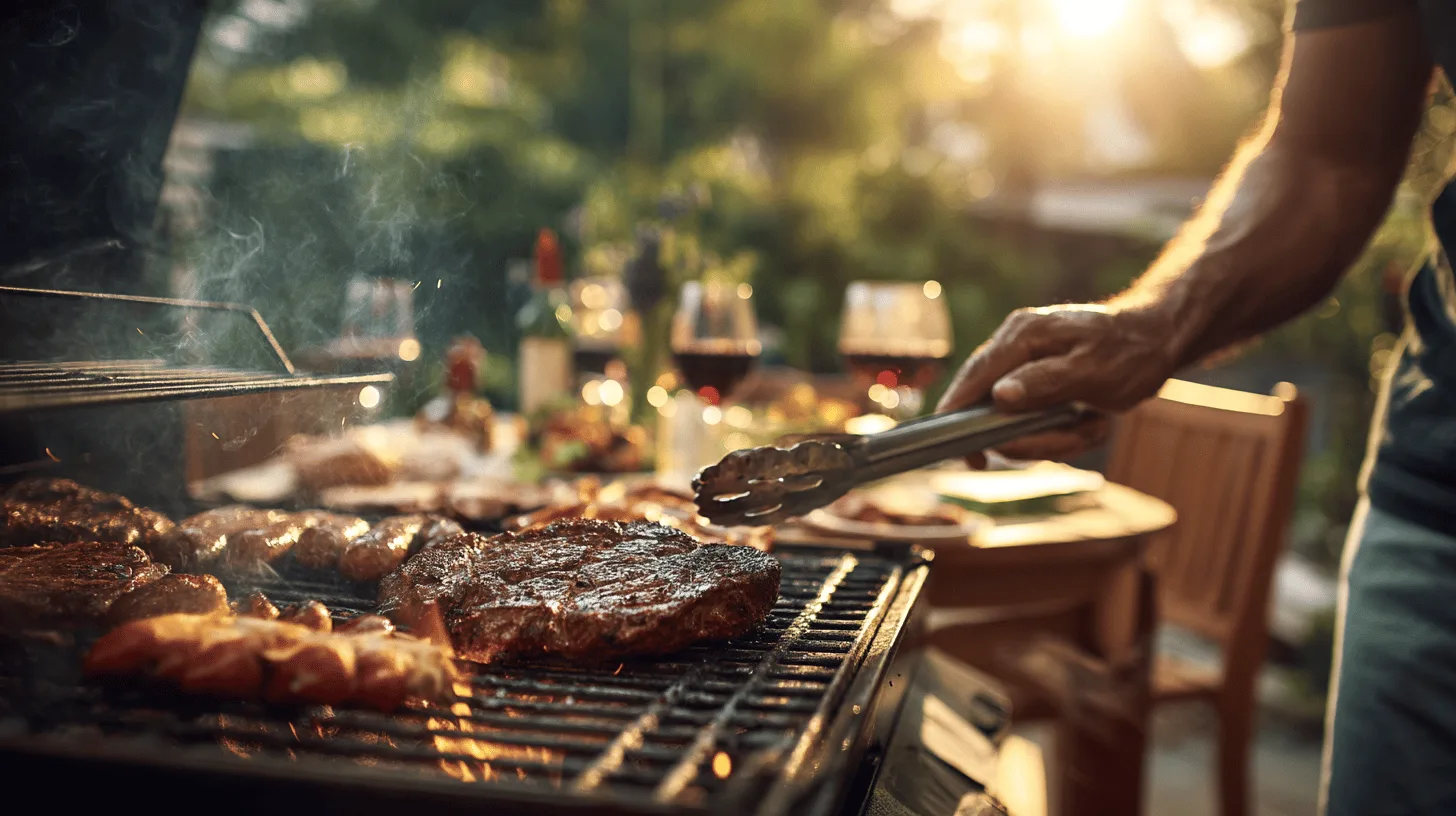 Midcent, en medelålders man grillar saftiga biffar och korvar i en solig trädgård. Färska ingredienser, läckra dofter, och en minnesvärd matupplevelse med vinflaskor i bakgrunden. Perfekt för en varm sommark