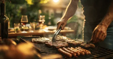 På bilden är en medelålders man som grillar saftiga köttbitar och korv under en solig eftermiddag. Vinflaskor och vinglas pryder bordet i bakgrunden. Midcent Mat.