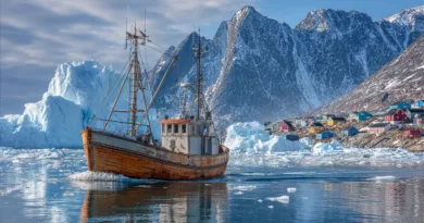 Midcent: En fiskebåt navigerar genom isberg vid en pittoresk kust med färgglada hus, omgiven av majestätiska berg och en klar blå himmel. Ett vackert exempel på naturens skönhet och mänsklig uthållighet i arktiskt klimat. Resa.