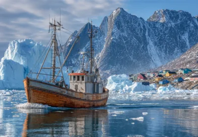 Midcent: En fiskebåt navigerar genom isberg vid en pittoresk kust med färgglada hus, omgiven av majestätiska berg och en klar blå himmel. Ett vackert exempel på naturens skönhet och mänsklig uthållighet i arktiskt klimat. Resa.