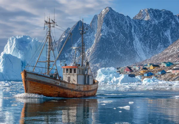 Midcent: En fiskebåt navigerar genom isberg vid en pittoresk kust med färgglada hus, omgiven av majestätiska berg och en klar blå himmel. Ett vackert exempel på naturens skönhet och mänsklig uthållighet i arktiskt klimat. Resa.