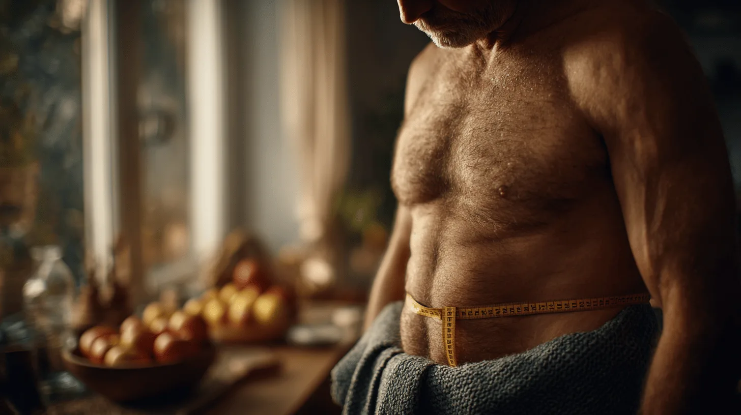 Midcent: En medelålders man mäter sin midja med ett måttband i ett hem fyllt av frukt. Fokus på hälsa och egenvård, betonar vikten av hälsosamma vanor och kroppskännedom. Kategori: Hälsa.