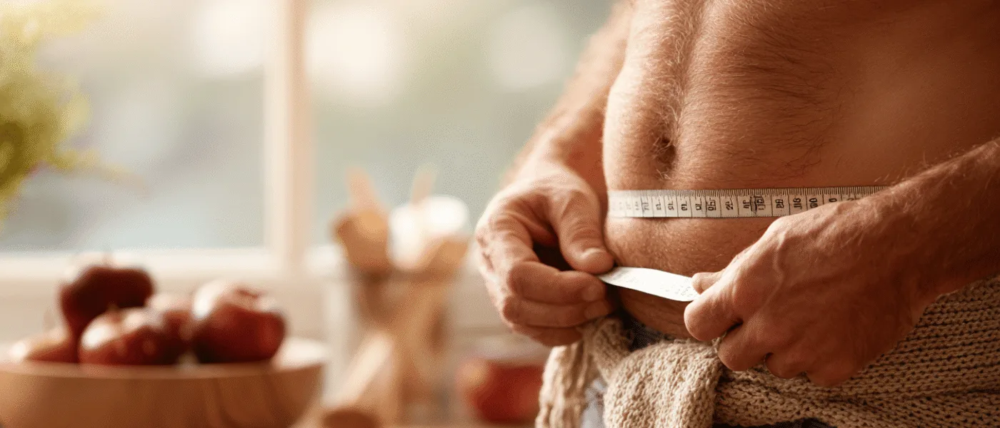 Midcent Hälsa: En medelålders man mäter sin midja med ett måttband. Bilden symboliserar hälsa, viktkontroll och livsstilsförändringar, med fokus på hälsosamma val och personlig välbefinnande. Perfekt för blogg om diet och träning.