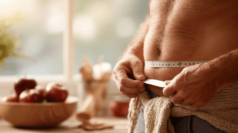 Midcent Hälsa: En medelålders man mäter sin midja med ett måttband. Bilden symboliserar hälsa, viktkontroll och livsstilsförändringar, med fokus på hälsosamma val och personlig välbefinnande. Perfekt för blogg om diet och träning.