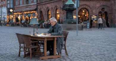 En medelålders man sitter ensam vid ett bord på en mysig, upplyst restaurang i staden. Han är försjunken i tankar eller arbete. Perfekt för en bildbeskrivning om avkoppling och kontemplation.Midcent: Mat.