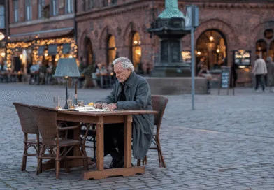 En medelålders man sitter ensam vid ett bord på en mysig, upplyst restaurang i staden. Han är försjunken i tankar eller arbete. Perfekt för en bildbeskrivning om avkoppling och kontemplation.Midcent: Mat.